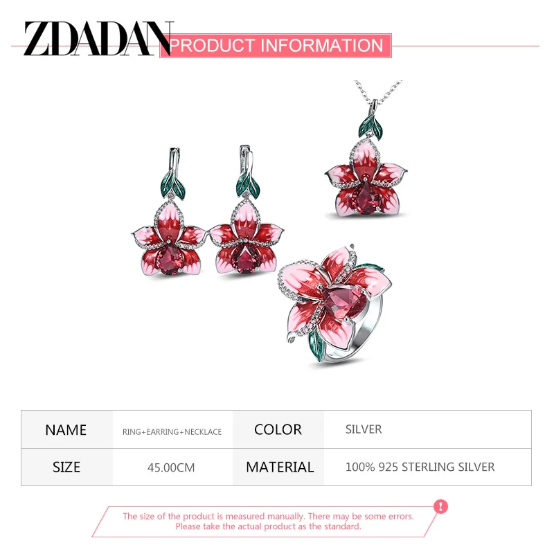 ZDADAN 925 Sterling Silver Flowers Water Drop Ruby Ring Earrings Necklace Set For Women Wedding Jewelry Gift