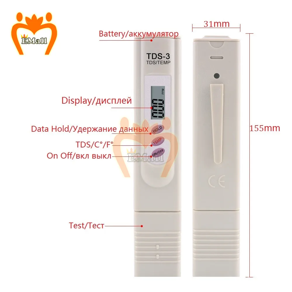 Portable Digital Water Filter Measuring Pen Meter Water Quality Purity Tester 0-990ppm TDS Meter Tool With Battery Thermometer