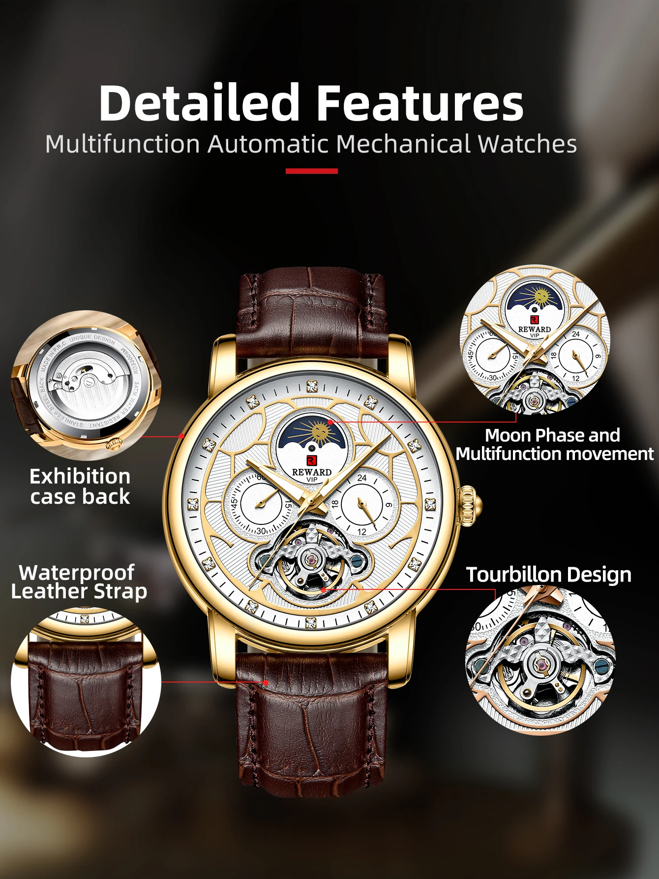 REWARD Men Dress Watch Automatic Mechanical Wristwatch Genuine Leather Luminous Tourbillon Wrist Watches Gift for Father Husband