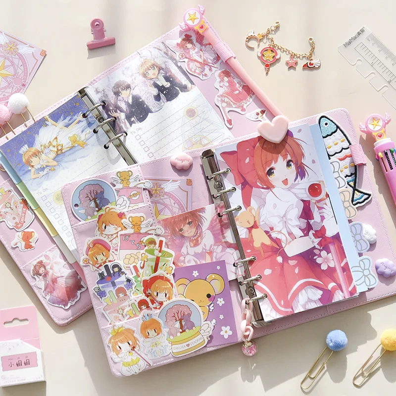 Cute Pink Sakura Anime Loose-leaf Diary Notebook Colorful Pages Spiral 6 Holes Binder Notebook Journals Planner Stationery Set