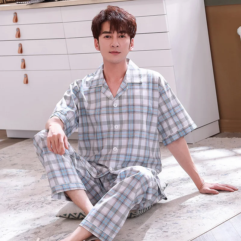 

Comfortable Men's 2pcs Pajama Set Cotton Plaid Pajamas Sets Sleepwear Family Pijama Night Suit Male Casual Home Clothes L-XXL