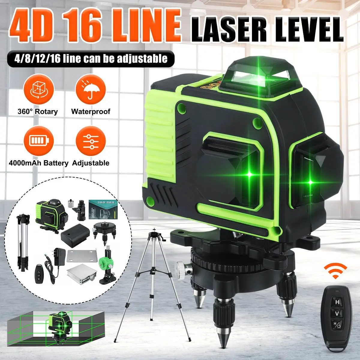 16 Line Level Laser-360 Horizontal Vertical Cross 3D Green Light Laser Level Self-Leveling Measure Super Powerful Laser Beam