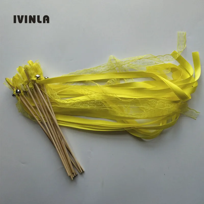

50pcs/lot yellow lace wedding wands with gold bell for wedding decoration