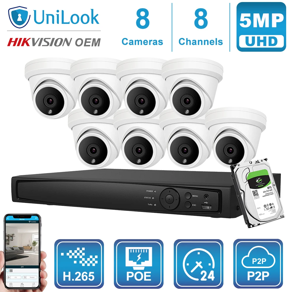 

Unilook 8CH NVR 4/6/8PCS 5MP POE IP -камера NVR Комплект на открытом воздухе Система безопасности CCTV Night Vision Hikvision OEM H.265 P2P Просмотр аудио