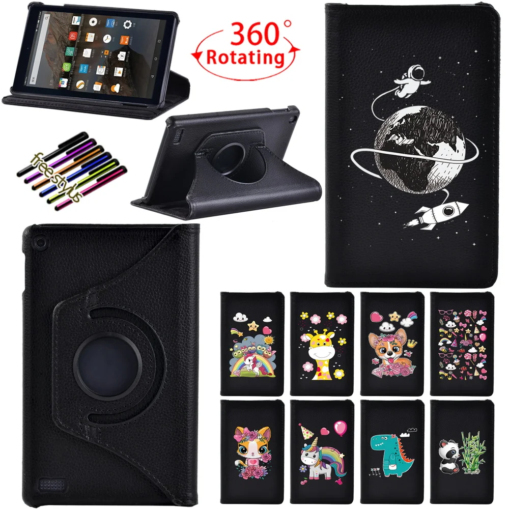 Tablet Case for Amazon Fire 7 5th/7th/9th 360 Degree Rotating Anti-fall Adjustable Cute Style Cartoon Folding Cover Case+pen