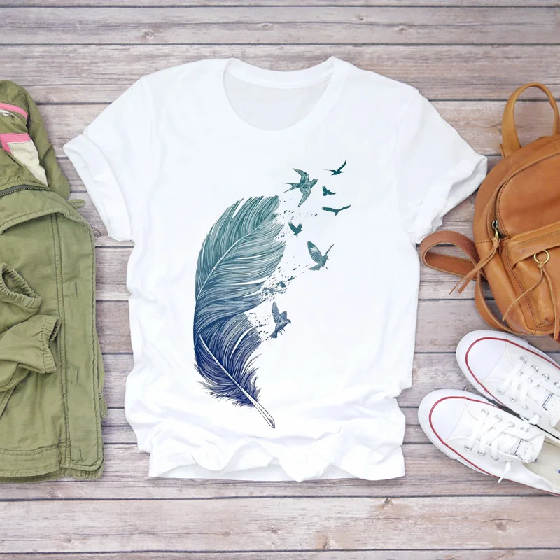 Women Feather 90s Printing Style Short Sleeve Fashion Print Lady T-shirts Top Womens Stylish T Shirt Ladies 2021 Tee T-Shirt