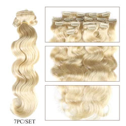 Clip In Human Hair Extensions Body Wave Machine Made Remy Hair 120G #60 Blonde 12inch-24inch Natural 7pcs Set