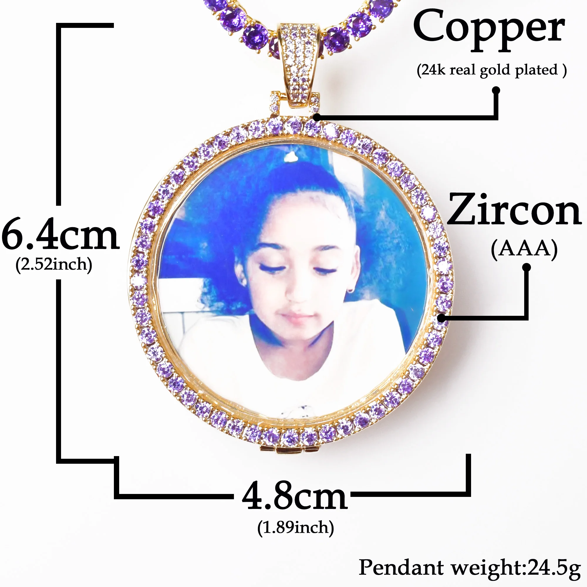 Aokaishen Custom Photo Necklace for Men Picture Memory Medallions Pendant Purple Cubic Zircon Hip Hop Rock Jewelry 2022 Trend