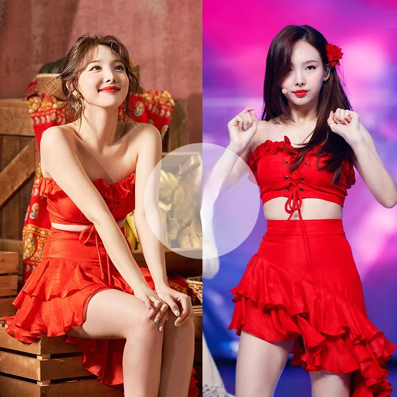 

Kpop Korea Stage Show Sexy Red Strapless Short Lace-Up Tube Top Tops+Irregular Zipper High Waist Ruffle Skirt Women 2 Piece Sets