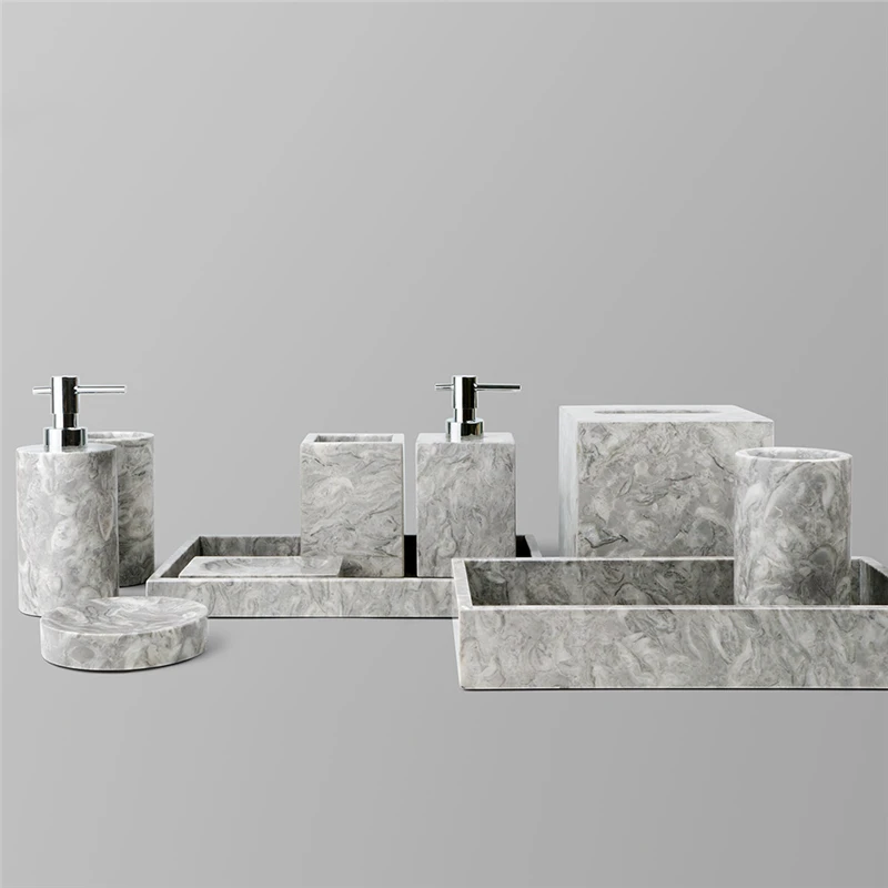 Bathroom Accessory Set Grey Marble Bathroom Vanity Countertop Accessory Set Toothbrush Holder Soap Dispenser Tumbler Soap Dish