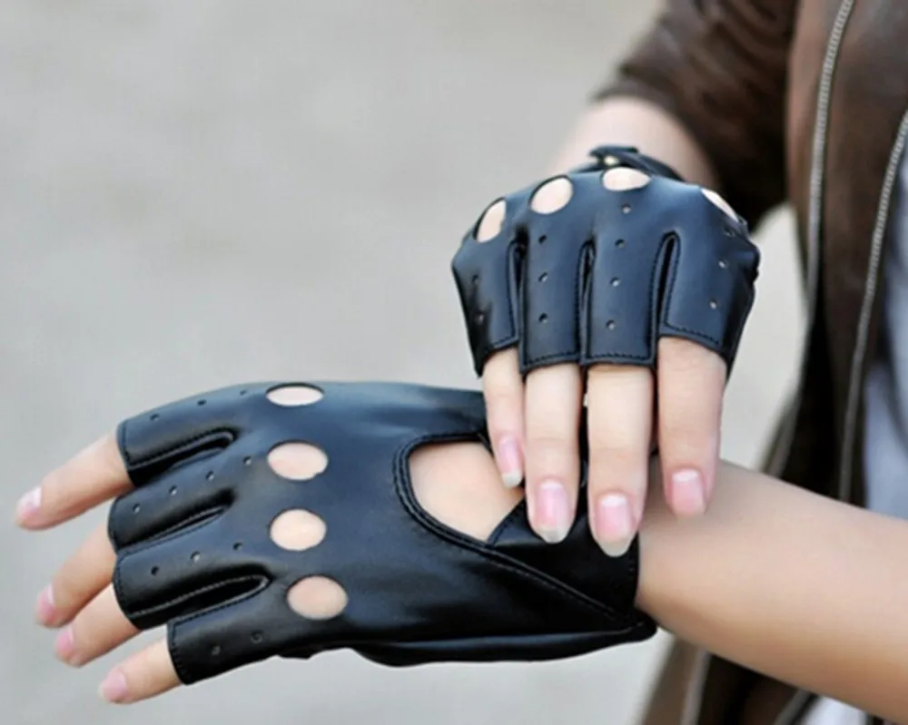 Guantes de cuero Pu negros Unisex Motion Punk Style para mujer, medio dedo, moda oscura, locomotora con remaches de baile