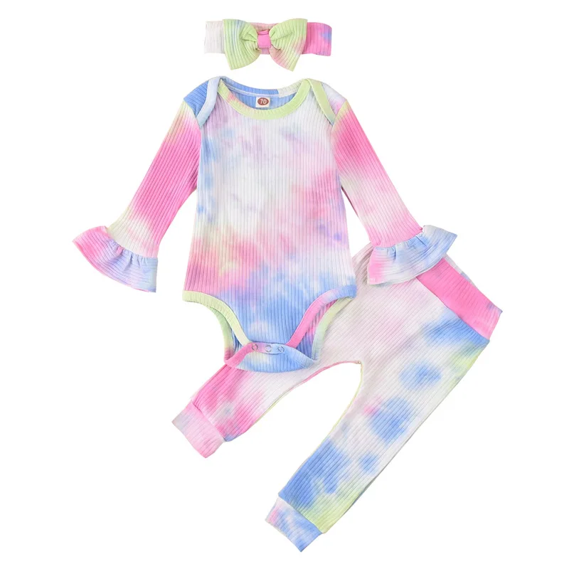 Ribbed Baby Clothing Infant Newborn Tie Dye Clothes Set Flare Sleeve Bodysuit Tops Legging Pants Infant Baby Girl Clothes Outfit