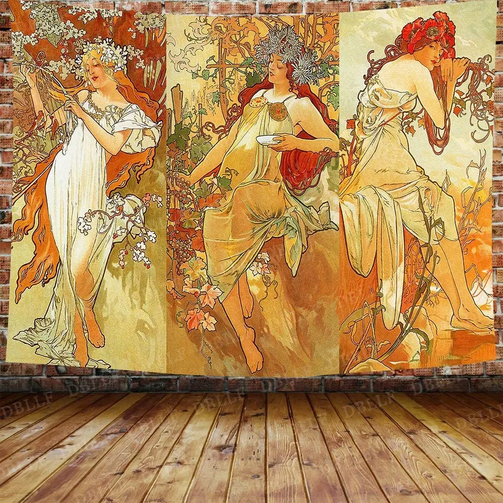 Art Nouveau Lady Tapestry Medieval Style Wall Hanging Vintage Alphonse Mucha Autumn Paris Fall Nouveau Vineyard Flirt