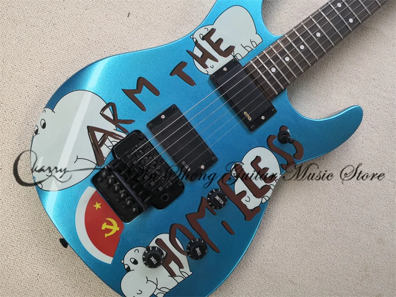 Custom  Made Electric Guitar,Metal Blue guitar,ARM THE HOMELESS pattern,black Buttons,Rosewood Fingerboard