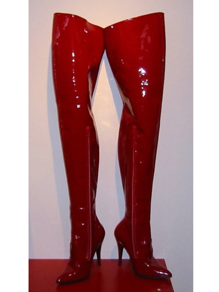 Red Patent Leather Thigh High Boots Zipper Solid Stiletto High Heel Sexy Pointy Toe Dress Women Boots Runway Winter Autumn Boots