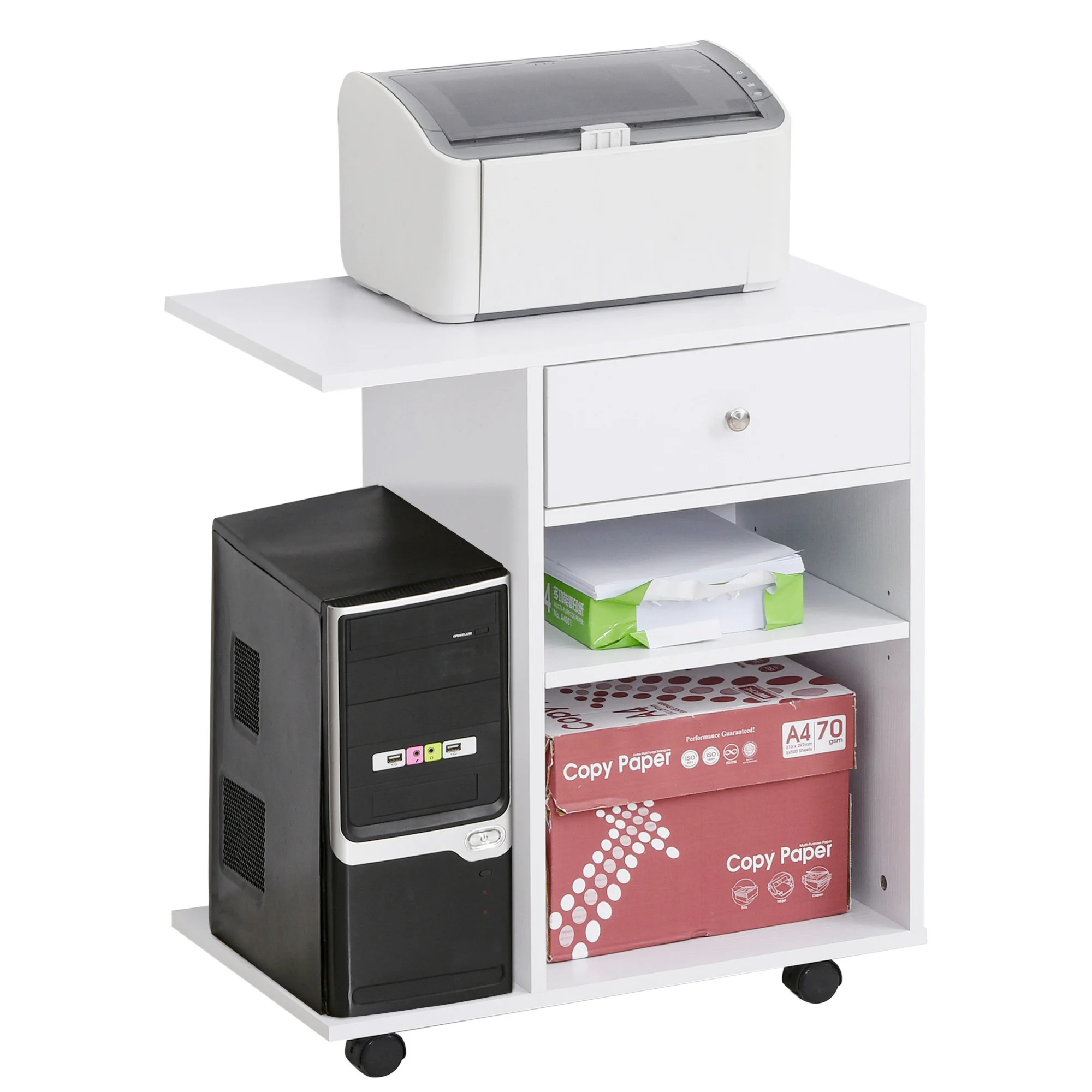 Vinsetto office printer cabinet with wheels 2 compartments drawer and CPU stand adjustable shelf 60x40x68,5 cm