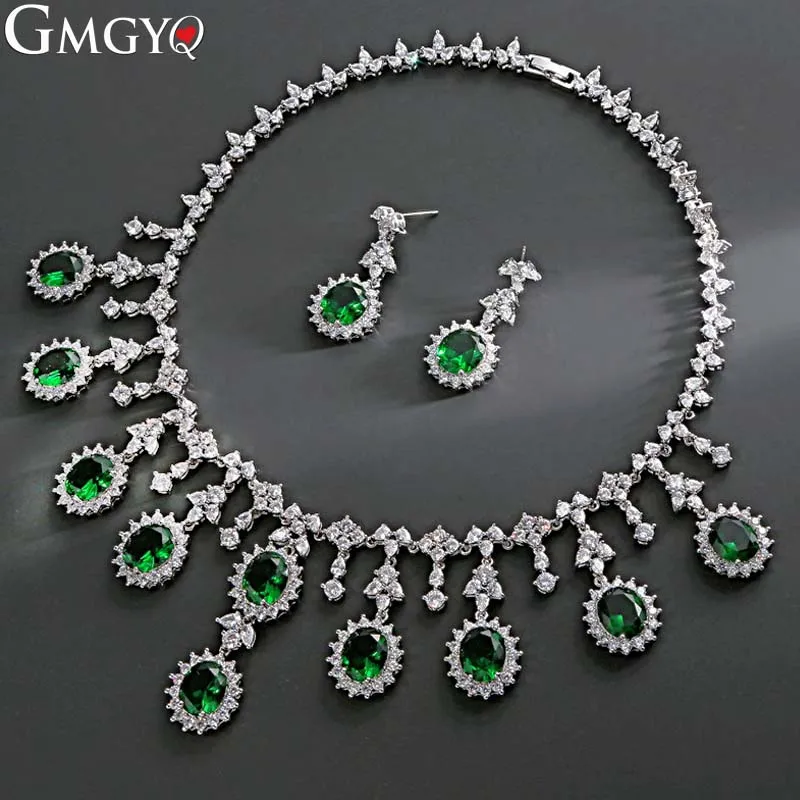 

GMGYQ Classic Bridesmaid Bridal Accessories Wedding Evening Dress Oval Zircon Necklace Earrings Copper Jewelry Set