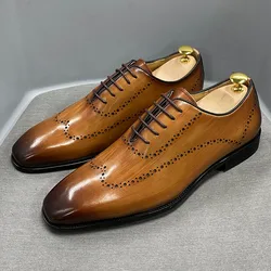 Size 7 to 12 Mens Oxford Shoes Wingtip Genuine Calf Leather Luxury Brand Lace Up Business Office Brogue Dress Shoes for Men