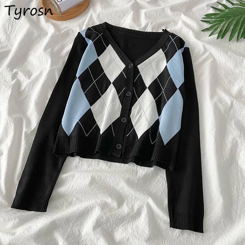 Retro Argyle Cardigan Women Gentle Single Breasted Long Sleeve Knitted Tops Loose All-match Preppy Style V-neck Cropped Sweaters