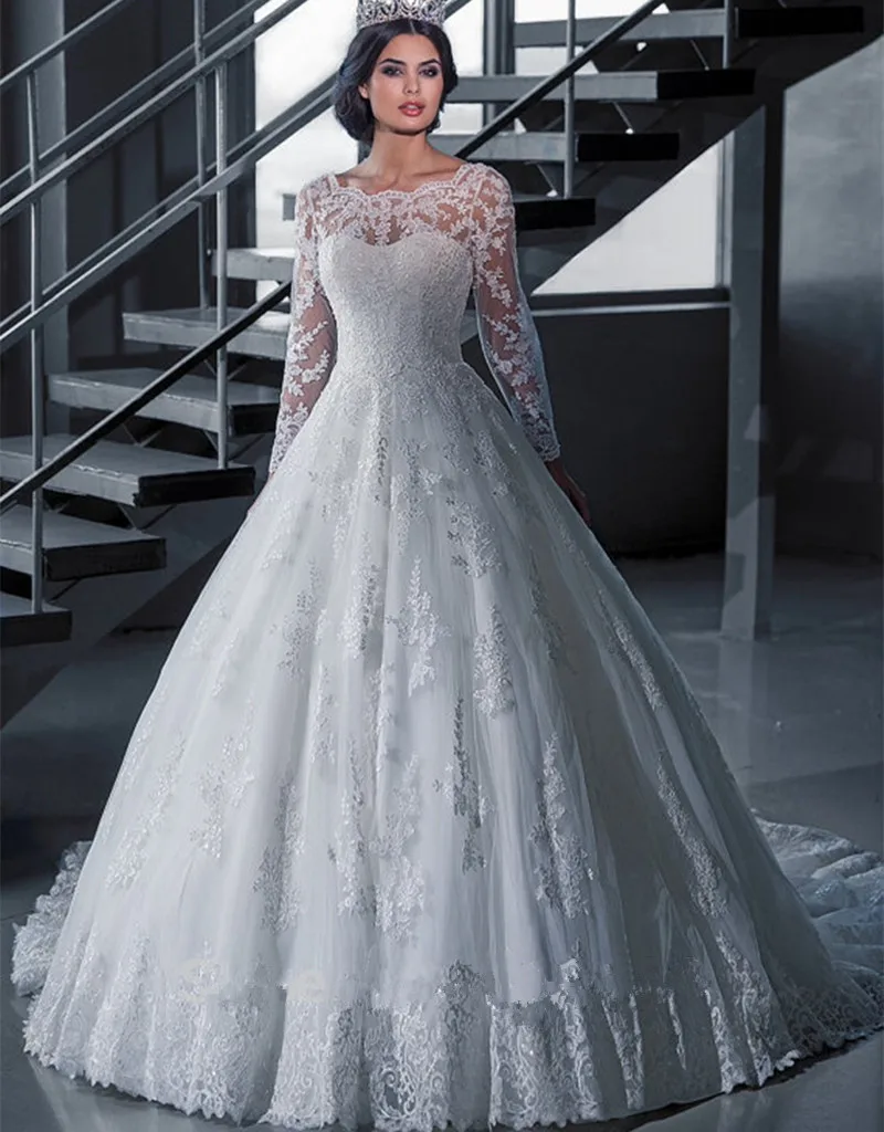 Robe de mariée en dentelle à manches longues, de haute qualité, col rond, sur mesure