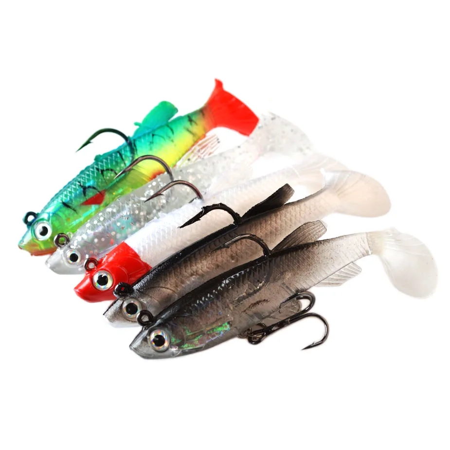 TOMA 5pcs/lot Soft Bait Lead Head Fish Lures 8g /9.5g Bass Fishing lure Sharp Treble Hook T Tail Sea Fishing Tackle