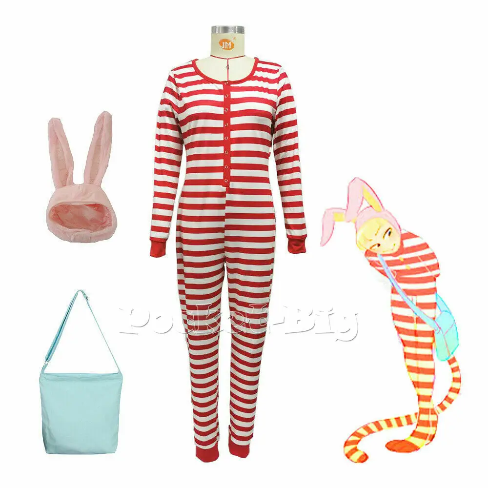 Popee The Performer Cosplay Costume with Bag White and Red Striped Pajamas Jumpsuit Plush Bunny Ear with Tail Christmas Night