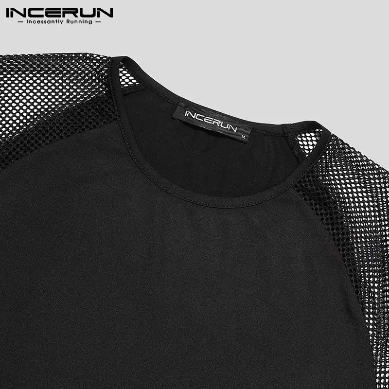 Fashion Men T Shirt Mesh Patchwork Breathable Crew Neck 2023 Short Sleeve Casual Tee Tops Streetwear Sexy Camisetas 5XL INCERUN