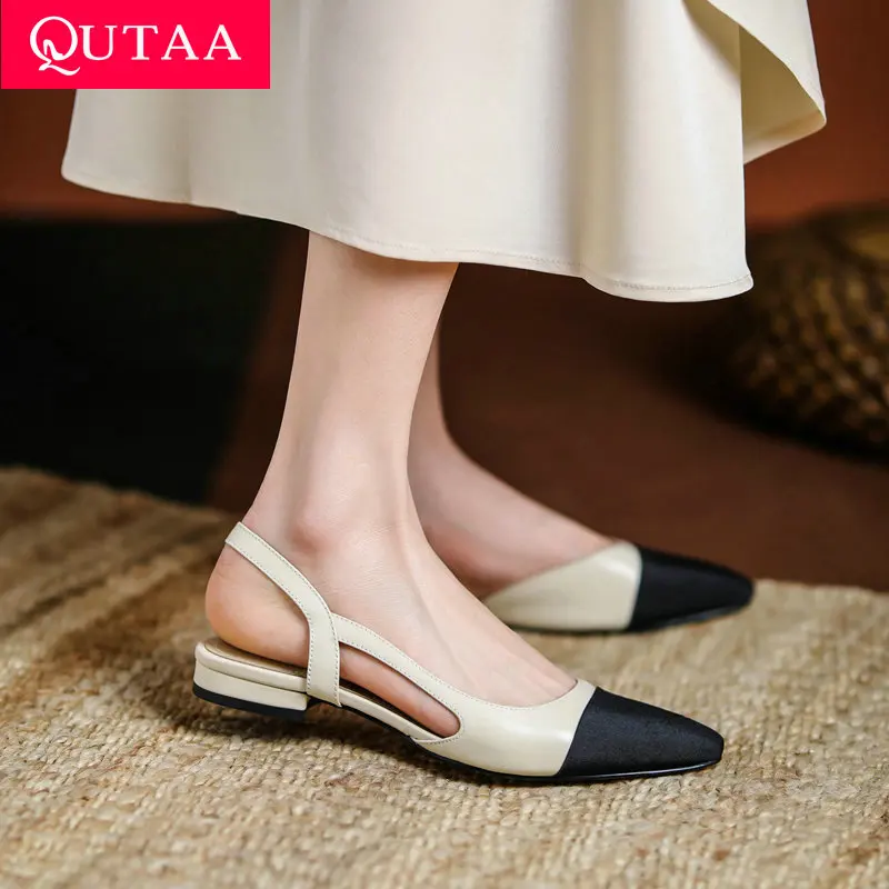 QUTAA 2021 Genuine Leather Women Shoes Mary Janes Pointed Toe Slingback Ladies Pumps Square Heel Slip On Single Shoes Size 34-43