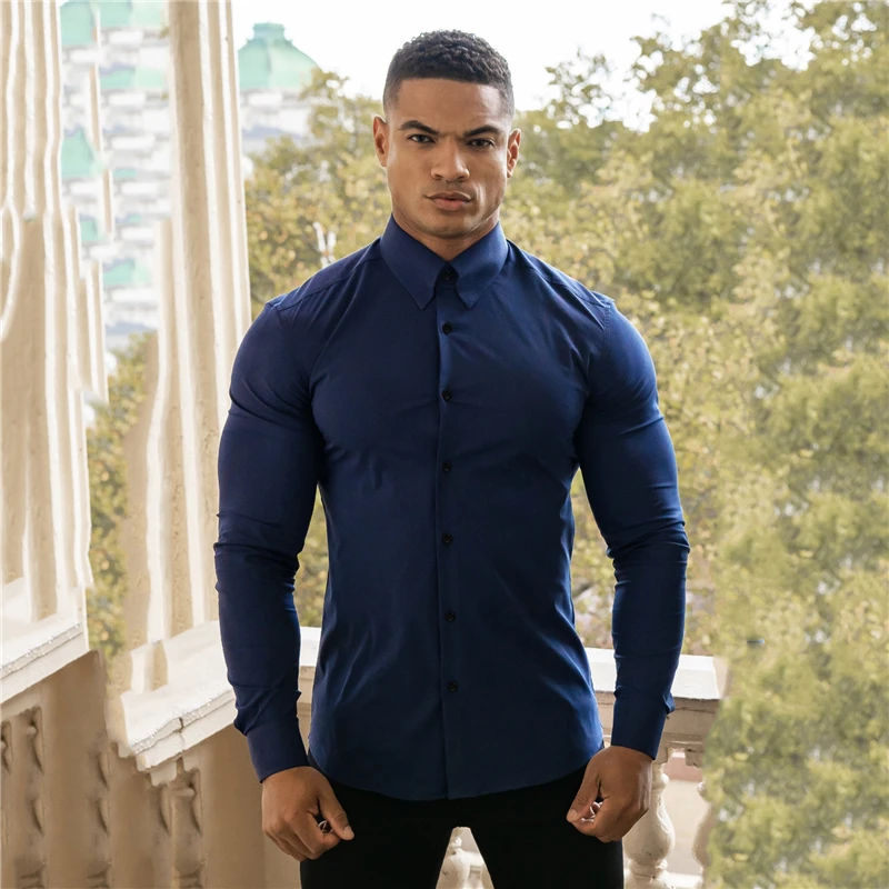 

Spring Autumn Fashion Long Sleeve Shirt Men Super Slim Fit Luxury Ultra Classic Turn-down Single Breasted Business Dress Shirt
