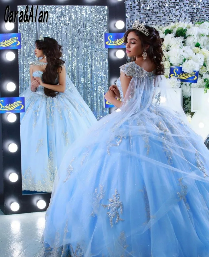 Vestidos De quinceañera azul cielo claro con capa, Apliques De encaje Corst 16, Vestidos De graduación De 15 Años 2022