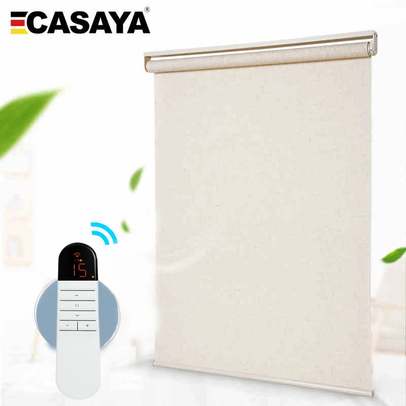 CASAYA Electric linen roller blinds blackout breathable window curtains remote control lifting for office meeting room