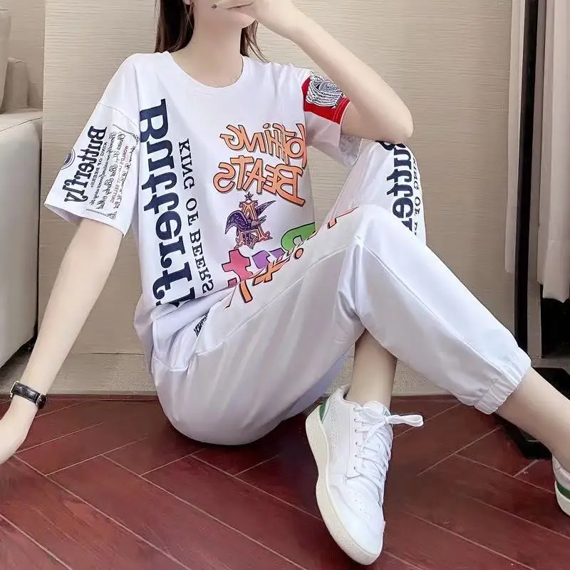 2021 Fashion Printing Women Cotton Sports Set Casual O-Neck Short Sleeve Tee And Long Pants Two Pieces Set Female Tracksuit