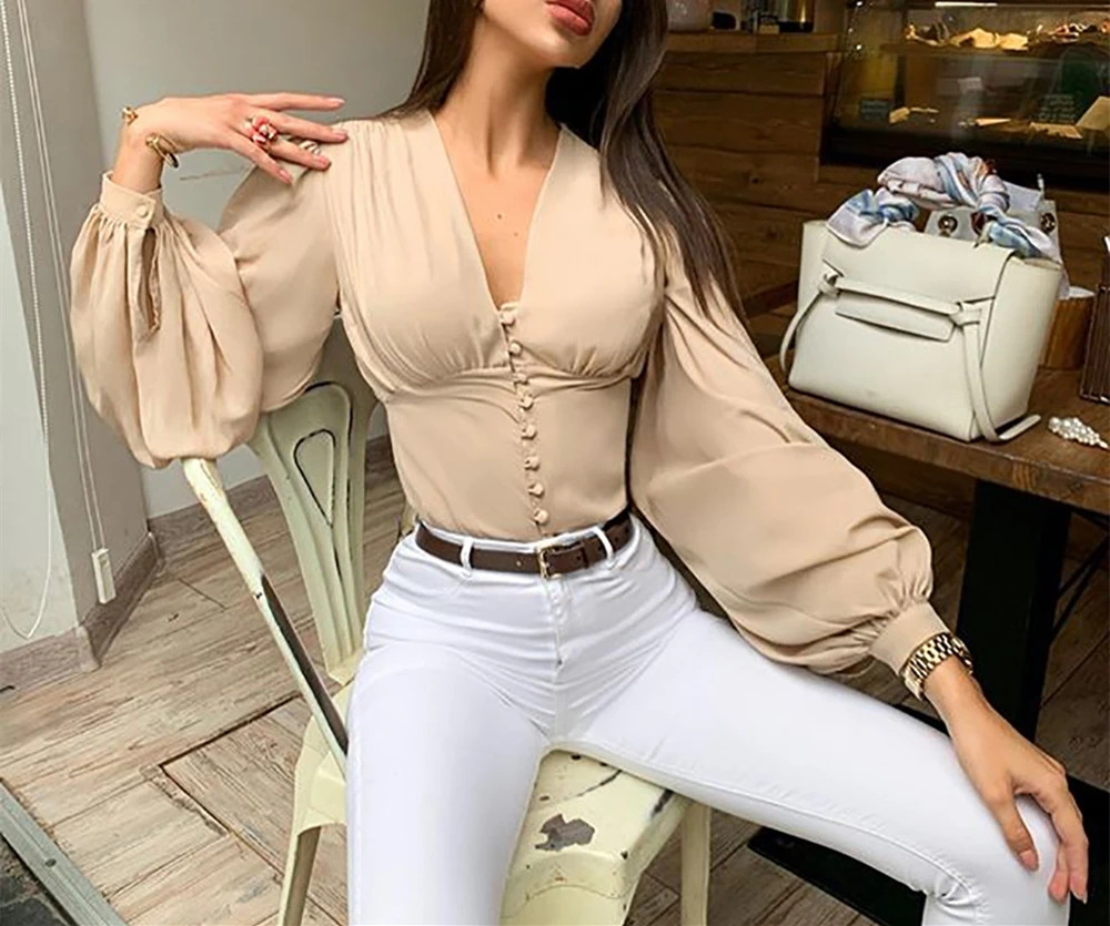 Ladies Elegant Blouse Lantern Long Sleeve Tops 2020 Summer V Neck Crop Top Fashion Shirts Women Button Down Blouses New Clothing