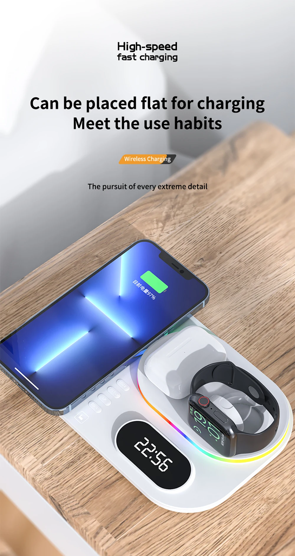 Kabelloses Ladegerät 4-in-1 Schnelle Kabellose Ladestation für iPhone 15 16 17 Pro Max Apple Watch Kabelloses Ladegerät mit Lampe und Uhr – Detail 11