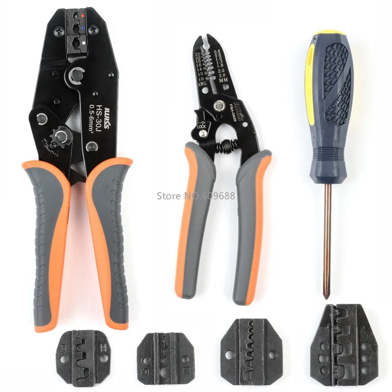 Perangkat Alat Crimping IWISS dengan Stripper Kawat dan Pemotong Kabel Cocok untuk Terminal Lengan Akhir Kabel Yang Tidak Terisolasi & Terisolasi