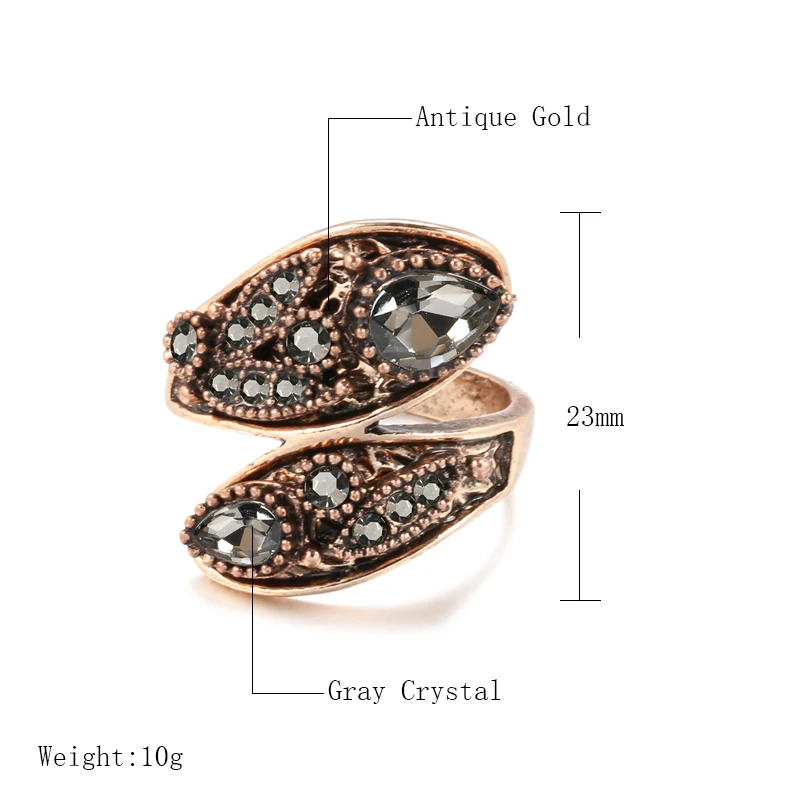 Wbmqda Charm Boho Gray Crystal Rings for Women 585 Antique Gold Color Ethnic Wedding Ring Vintage Jewelry Russia Accessories