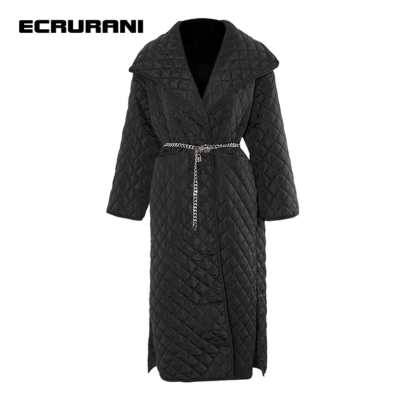 

ECRURANI Thick Cotton Coat For Women Lapel Long Sleeve Patchwork Side Split Streetwear Black Coats Female 2021 Fashion New Style