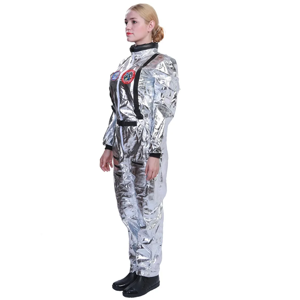 ผู้หญิง Silver นักบินอวกาศคอสเพลย์เครื่องแต่งกายผู้ใหญ่ Spaceman ฮาโลวีน Party Jumpsuits Carnival อีสเตอร์ Purim แฟนซีชุด