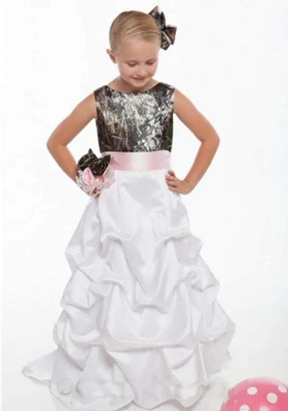 Camo White Flower Girls Dress Ruffles Skirt with Pink Belt Ball Gown O Neck Tank Formal Kids Wedding Party Vestidos for Toddler