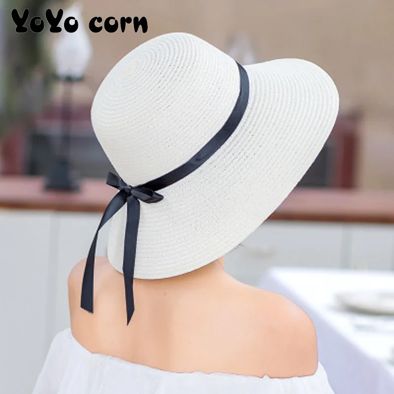 YOYOCORN Straw hat female summer small fresh hat sun hat floating belt sunscreen folding large coastal sun hat beach cap