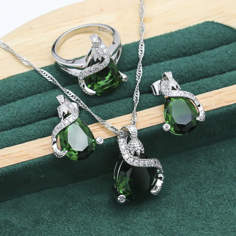 925 Silver Jewelry Sets For Women Party Green Blue Crystal Bracelet Earrings Necklace Pendant Ring Wedding Jewelry Gift 4PCS