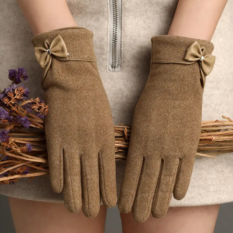 Gants de cyclisme coupe-vent pour femme, écran tactile, plus velours à l'intérieur, épais, mignon, joli nœud papillon, élasticité élégante, doux, garder au chaud, nouveau
