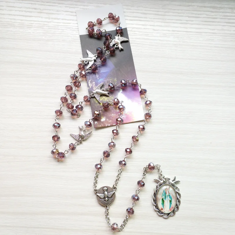 QIGO Purple Crystal Rosary Metal Birds Long Virgin Pendant Necklace Religious Jewelry For Women