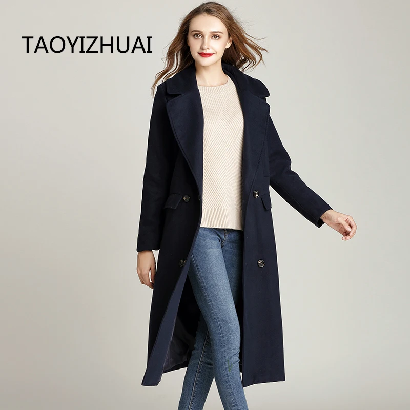 

TAOYIZHUAI autumn winter high street style thicker wool coat 100% polyester turn -down collar plus size long for lady 14118