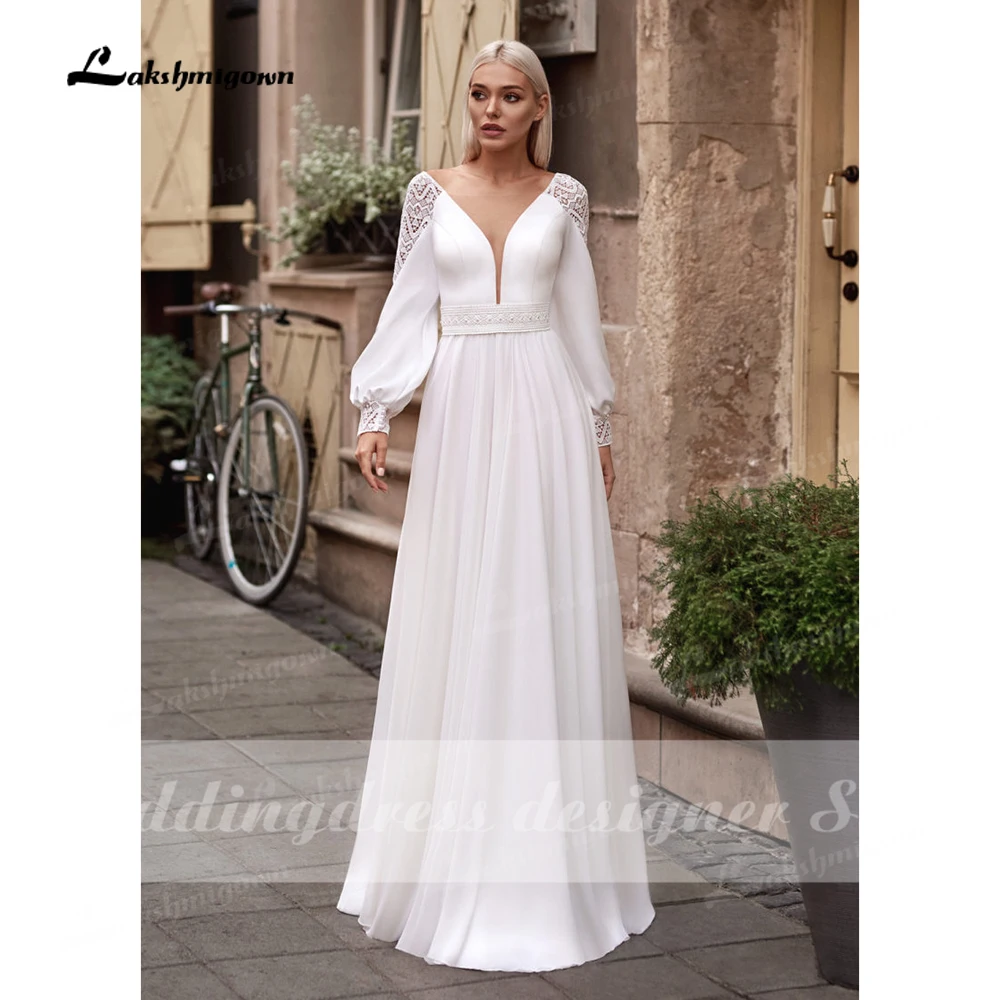 Robe de mariée à manches longues en mousseline de soie, style Boho, simple, col en V, coupe trapèze, pour la plage, 2024