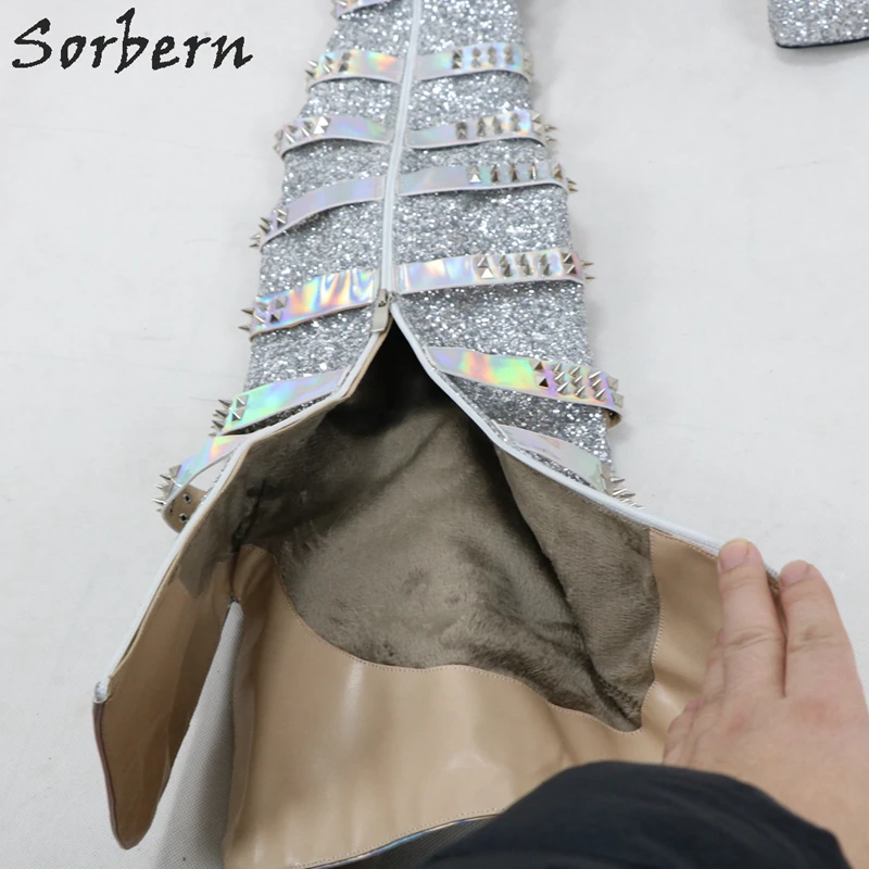 Sorbern Silver Sequins Holo Crossdresser Boots Long Punk Style Rivets Chunky Heels Custom Wide Drag Queen Shoes Made-To-Orders