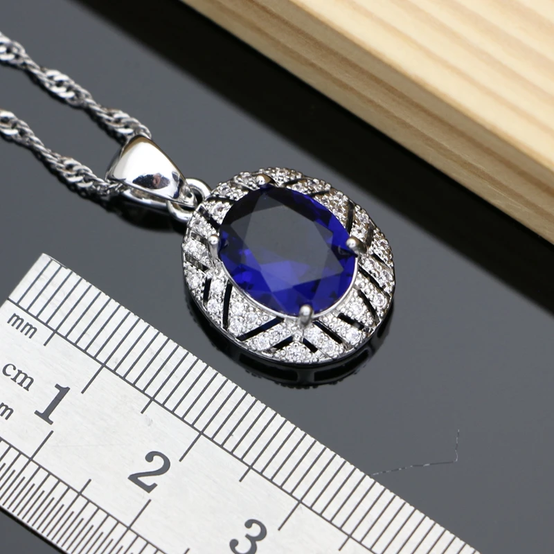 Blue Sapphire 925 Silver Jewelry Sets Gemstone Hoop Earrings Women Wdding Fine Jewellry Necklace Set Dropshipping image 3