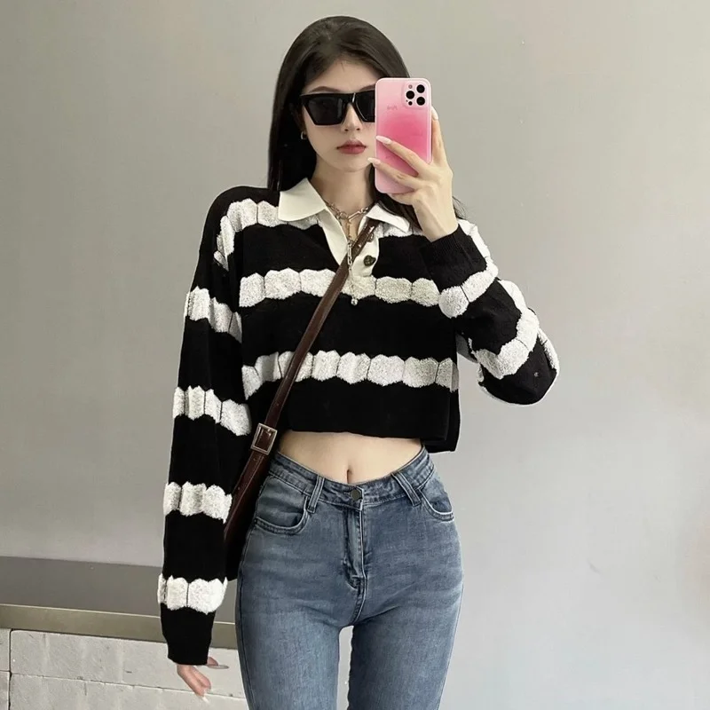 Cropped Pullovers Women 스트라이프 디자인 턴 다운 칼라 All-match Loose Preppy 심플 일본식 봄 소프트 트렌디 세련된 New