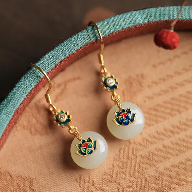 LIVVY Gold Color  Retro Crystal Stone Lotus Pendant Earrings For Women Chinese Style Unique Fashion Luxury Charm Jewelry image 5