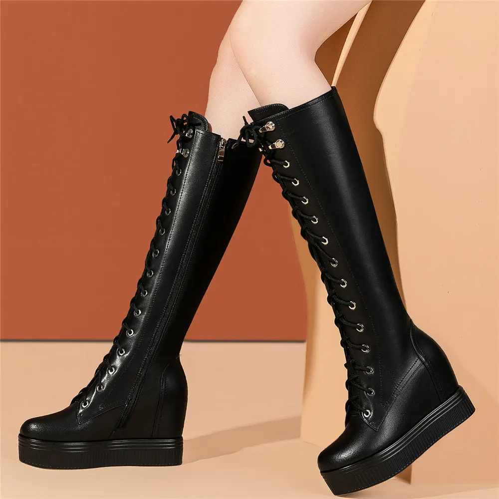 

Fashion Sneakers Women Lace Up Genuine Leather Wedges High Heel Knee High Boots Female Winter Thigh High Platform Pumps Shoes